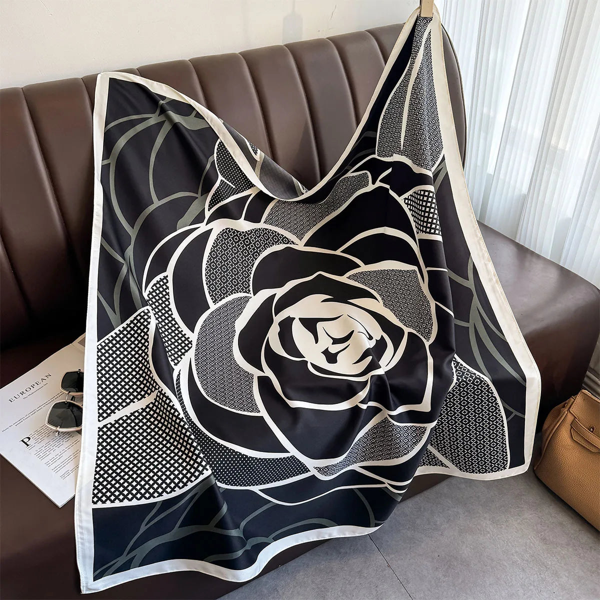 Silk Feel Scarf – Twill Square Wrap with Luxury Tree Print for Hair, Neck & Hijab