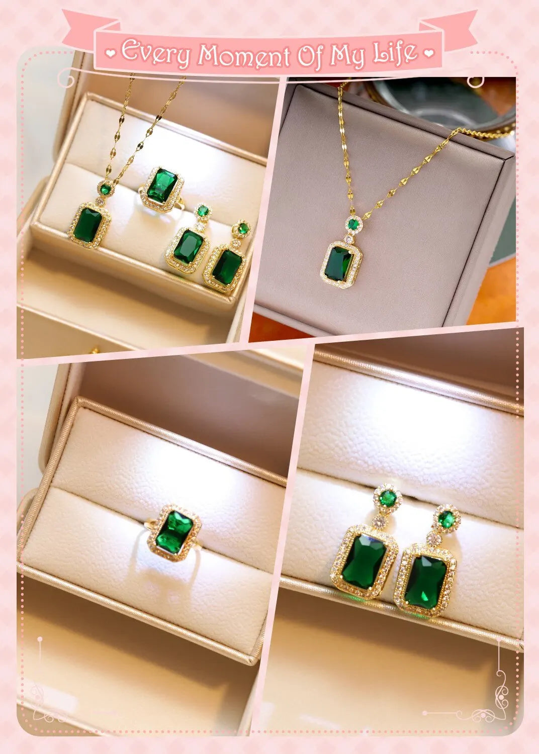 Emerald Crystal Titanium Steel Jewelry Set – Light Luxury Pendant, Ring & Earrings for Women