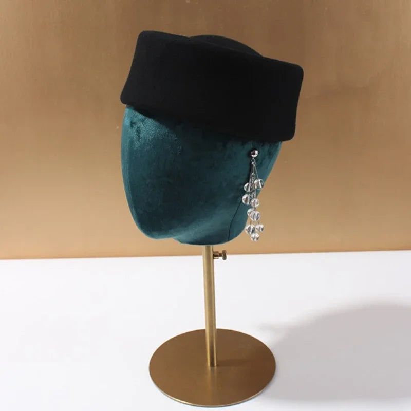 Vintage Wool Felt Beret – Elegant Hard-Top Pillbox Fedora for Weddings & Cocktail Parties