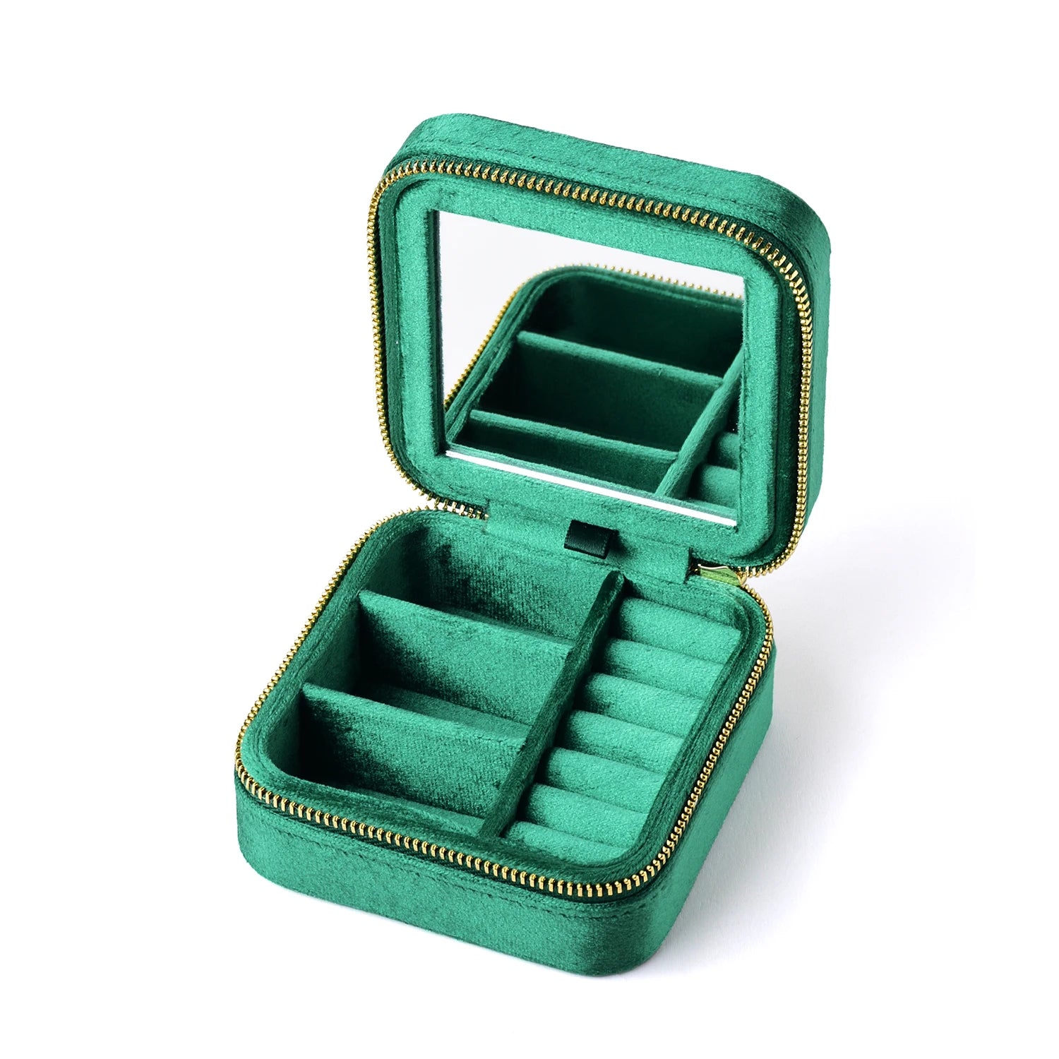 TAIMY Vintage Velvet Jewelry Box – Retro Green Travel Ring Case with Mirror