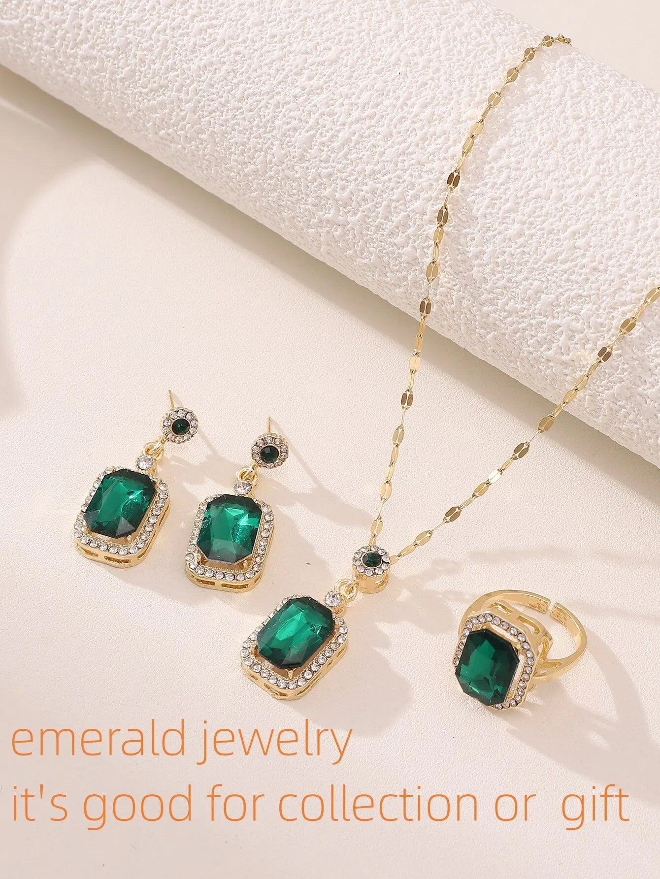 Emerald Crystal Titanium Steel Jewelry Set – Light Luxury Pendant, Ring & Earrings for Women