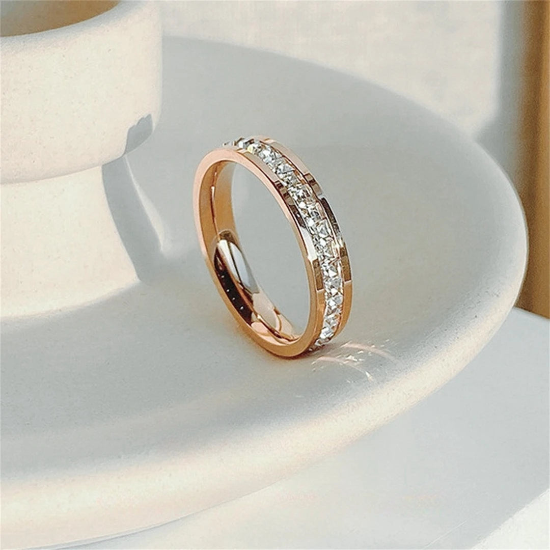 Rose Gold Double-Row Zircon Ring – Romantic Square-Cut Stainless Steel Band for Weddings & Parties