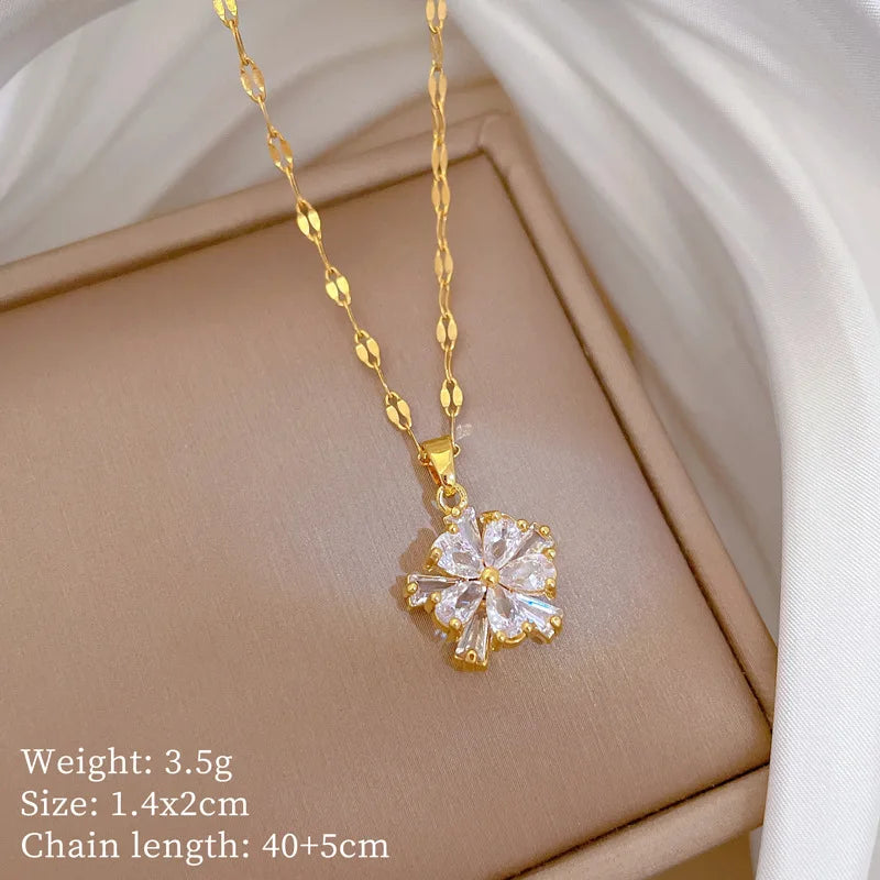 316L Stainless Steel Zircon Flower Necklace – Trendy Luxury Clavicle Pendant for Women & Girls