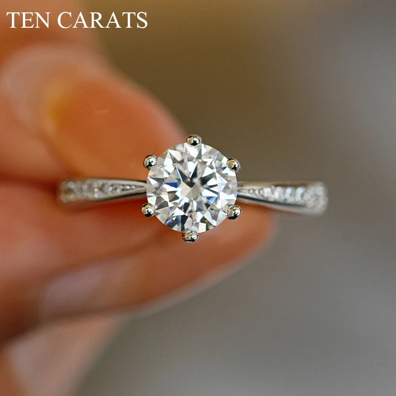 TEN CARATS Moissanite Ring – S925 Silver, 18K White Gold, Round VVS 0.5–2 ct Wedding Luxury Jewelry
