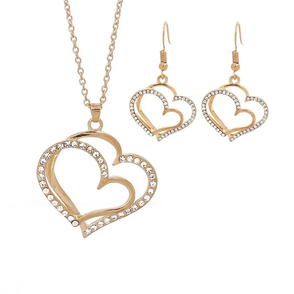 3-Piece Double Heart Jewelry Set – Rhinestone Necklace & Earrings for Women