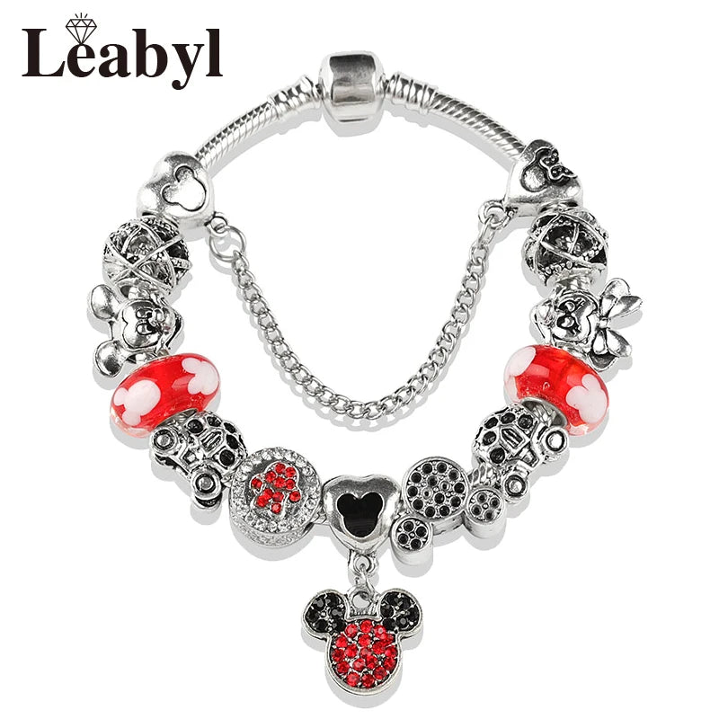 Disney Pink Crystal Charm Bracelet – Colorful Handmade Enamel Beads for Women