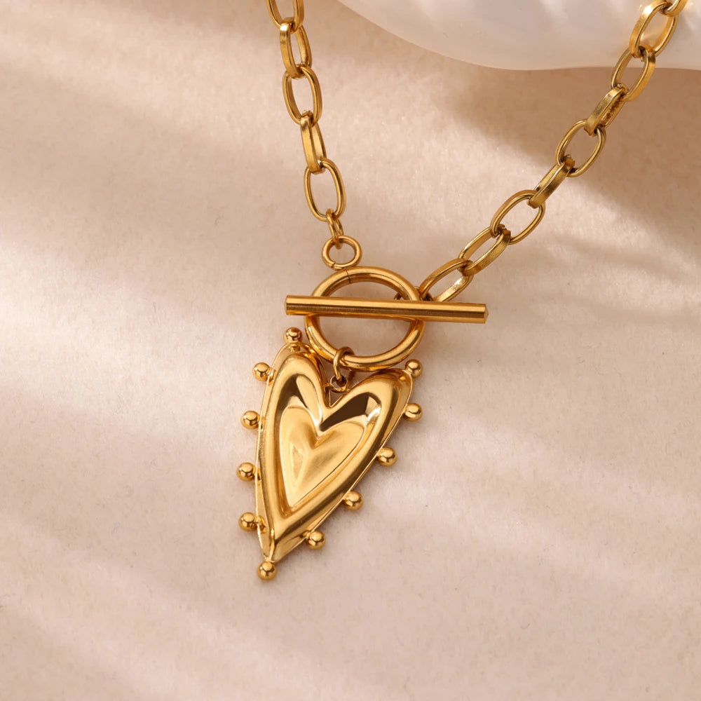 Punk Gold Heart Pendant Necklace – Stainless Steel OT Buckle Beaded Choker, Y2K Style