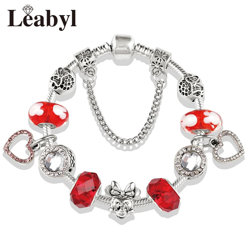 Disney Pink Crystal Charm Bracelet – Colorful Handmade Enamel Beads for Women
