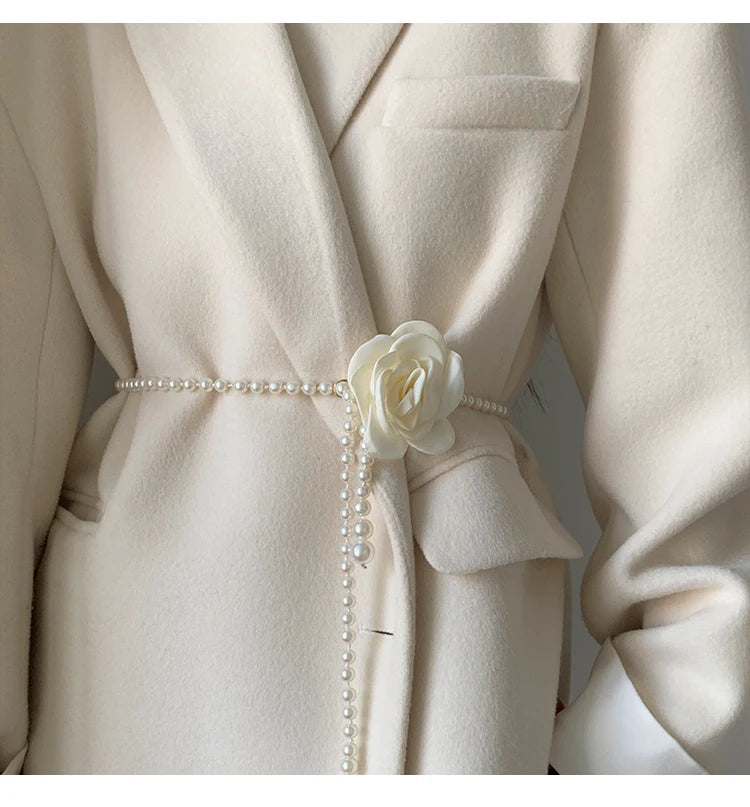 Pearl Camellia Waist Belt – Elegant Decorative Belt for Dresses, Coats & Jackets