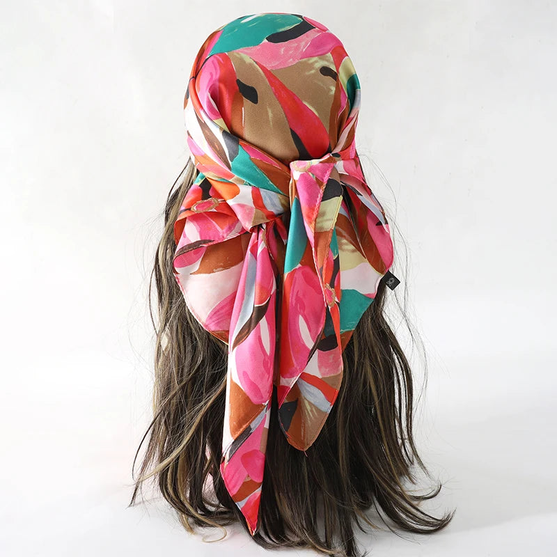 Bohemian Floral Silk Scarf – Tropical Print Square Satin Wrap for Hair, Neck & Hijab