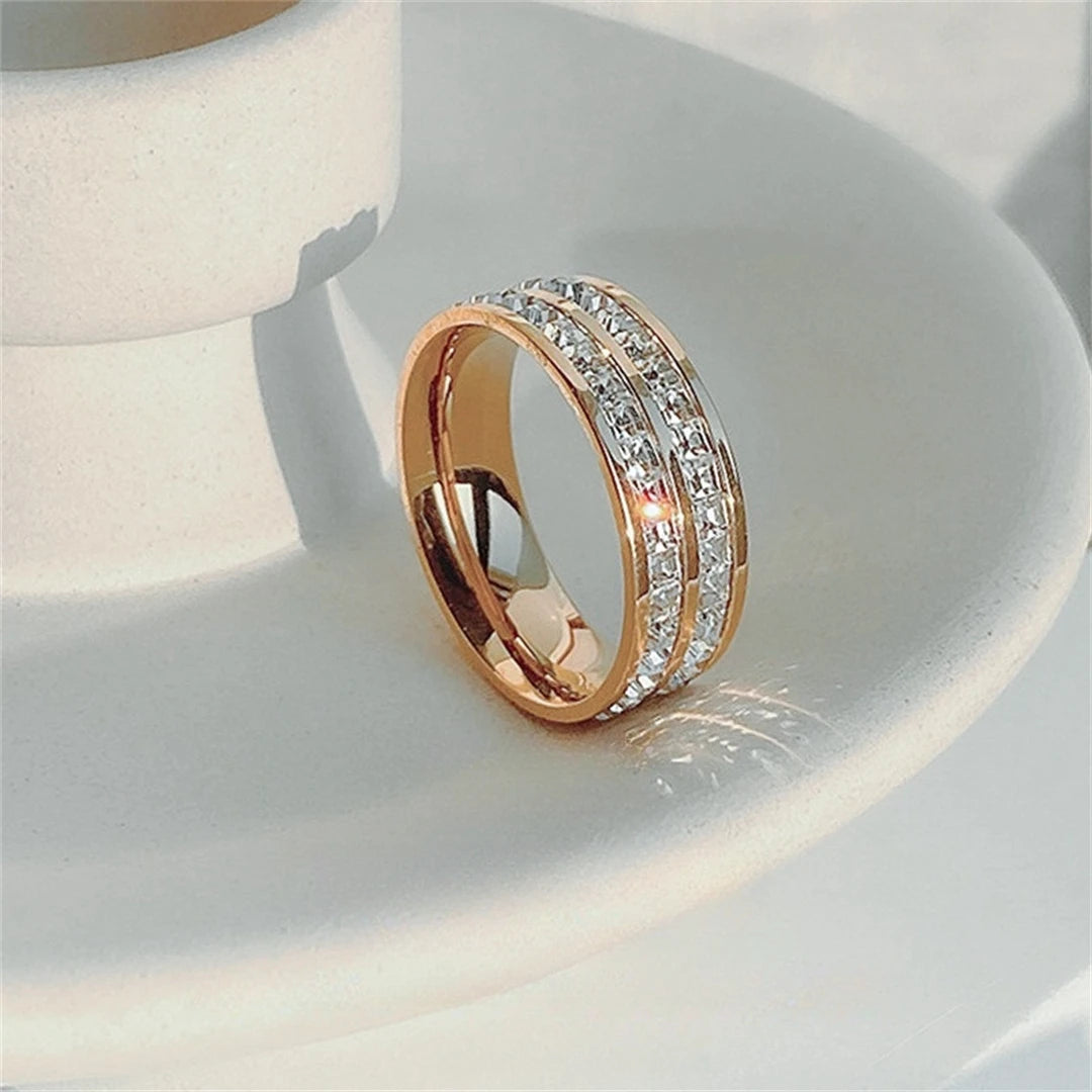 Rose Gold Double-Row Zircon Ring – Romantic Square-Cut Stainless Steel Band for Weddings & Parties