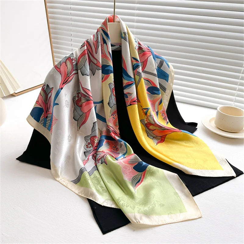 Silk Feel Scarf – Twill Square Wrap with Luxury Tree Print for Hair, Neck & Hijab
