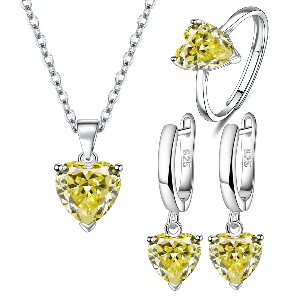 Heart Zirconia Jewelry Set – Elegant 925 Silver Ring, Earrings & Necklace for Bridal Style