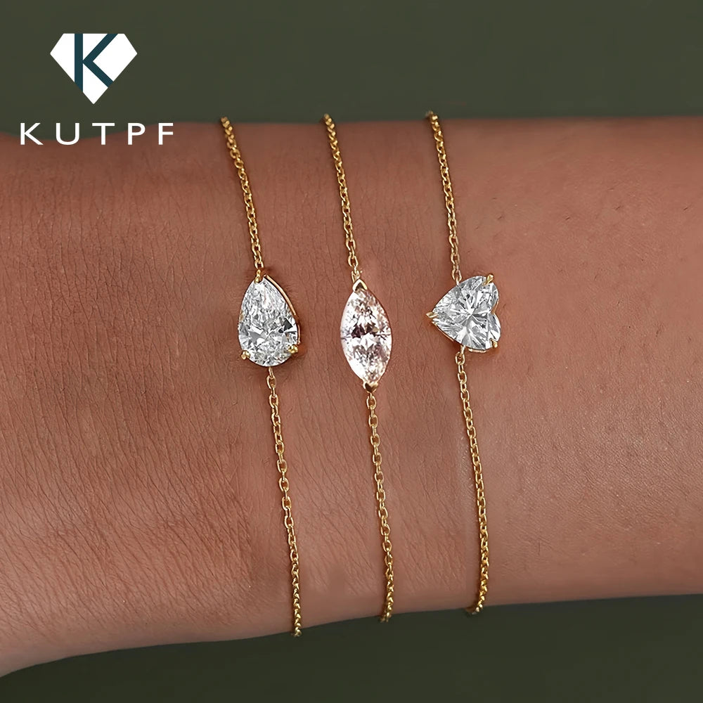 Solitaire Moissanite Bracelet – Pear, Marquise or Heart Cut in 18K-Plated S925 Silver with Certificate