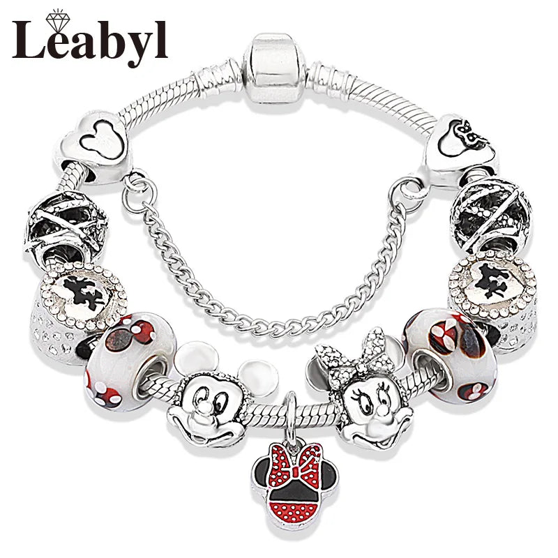 Disney Pink Crystal Charm Bracelet – Colorful Handmade Enamel Beads for Women