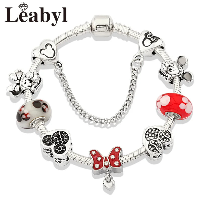 Disney Pink Crystal Charm Bracelet – Colorful Handmade Enamel Beads for Women