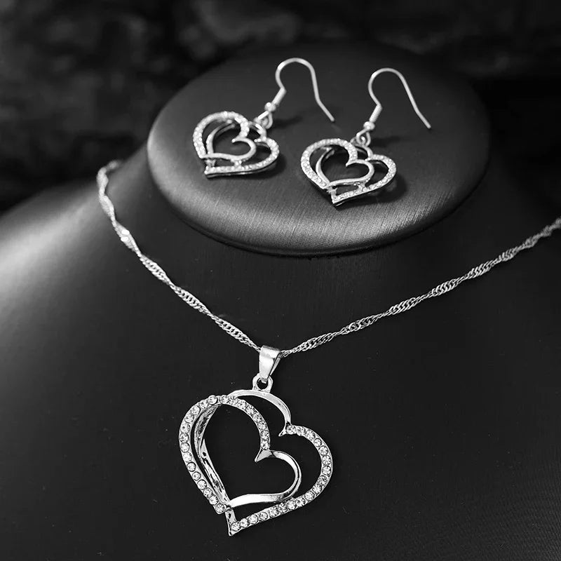 3-Piece Double Heart Jewelry Set – Rhinestone Necklace & Earrings for Women