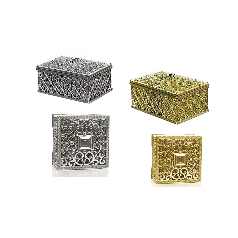 2-Piece Mini Treasure Jewelry Boxes – Silver Hollow Flower Cases for Rings, Earrings & Necklaces
