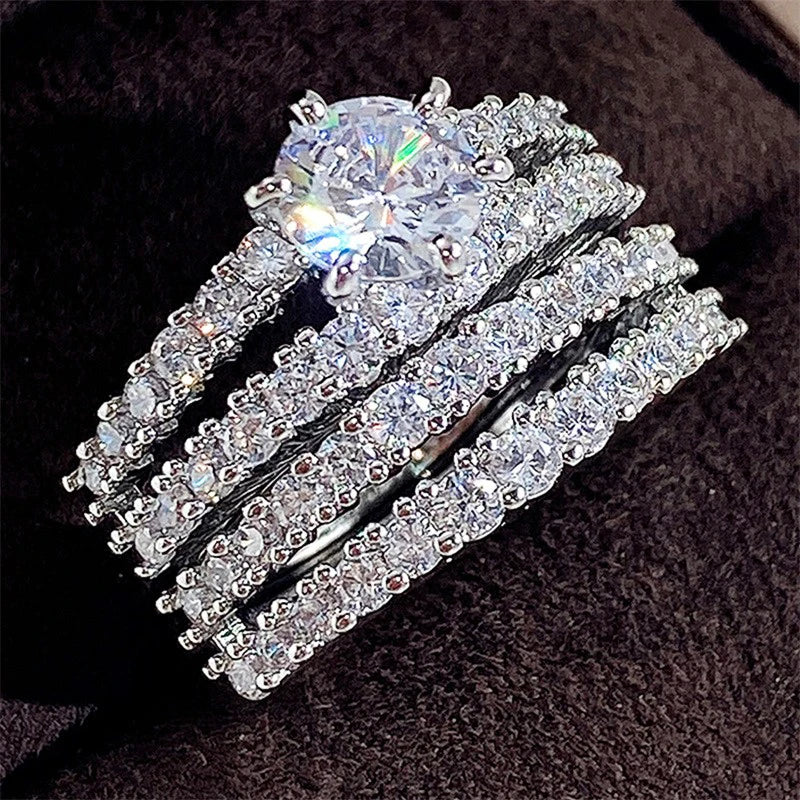 Huitan Hollow Bling Ring Set – 2-Piece Iced-Out CZ Luxury Wedding & Engagement Style