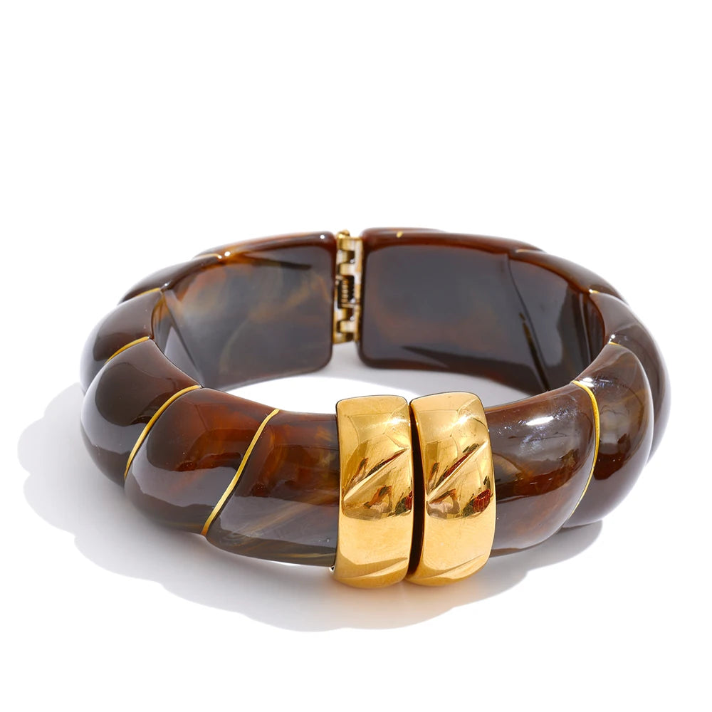 Yhpup Multi-Color Resin Statement Bracelet – Wide Acrylic Bangle with Stainless Steel Accents