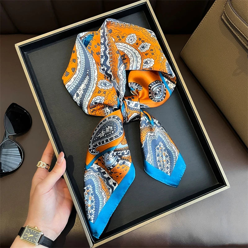 Bohemian Floral Silk Scarf – Luxury Square Satin Wrap for Hair, Neck & Hijab