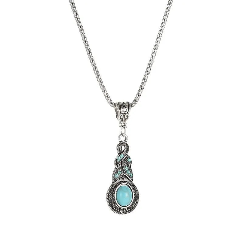 3-Piece Vintage Turquoise Jewelry Set – Blue Crystal Pendant Necklace & Matching Earrings for Men and Women