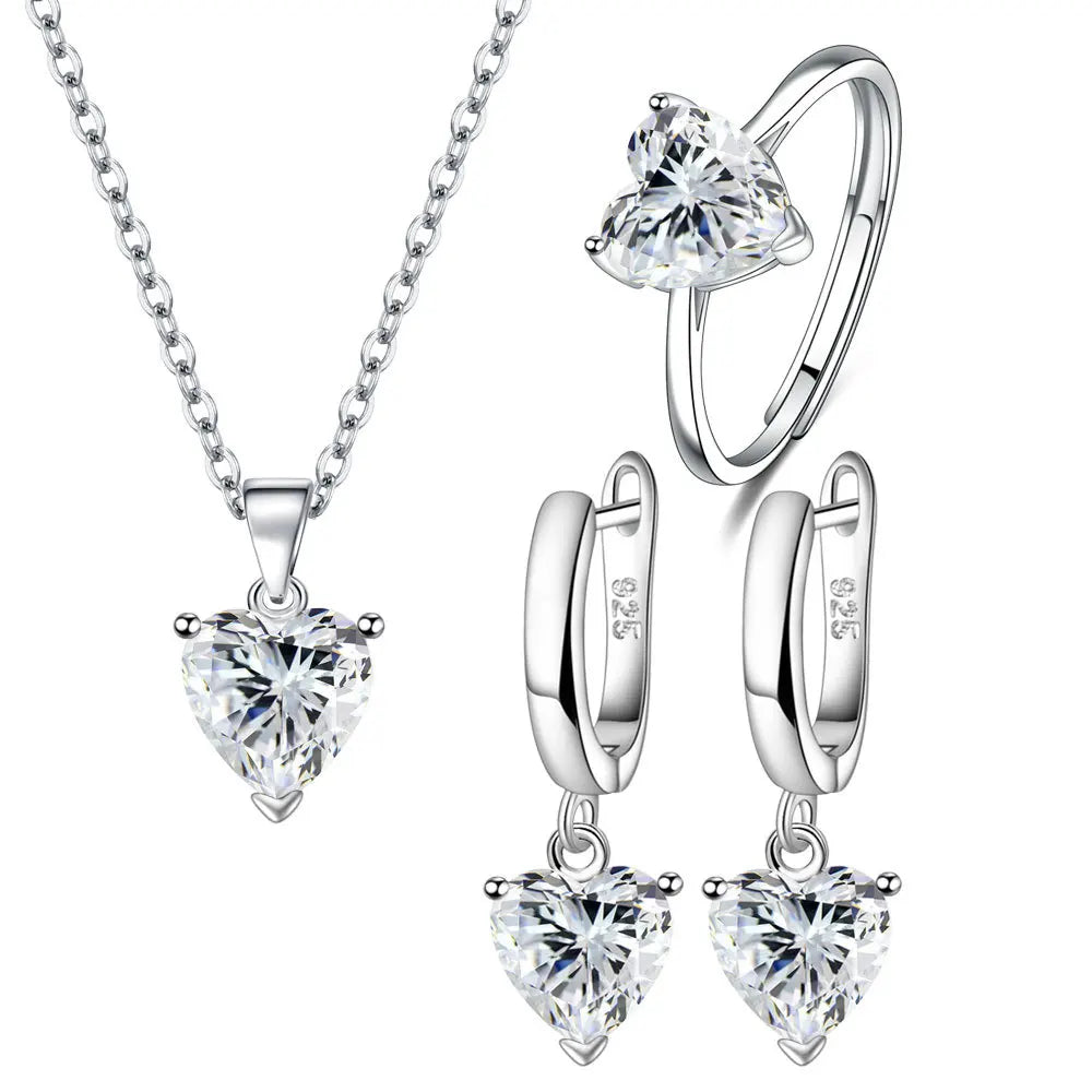 Heart Zirconia Jewelry Set – Elegant 925 Silver Ring, Earrings & Necklace for Bridal Style