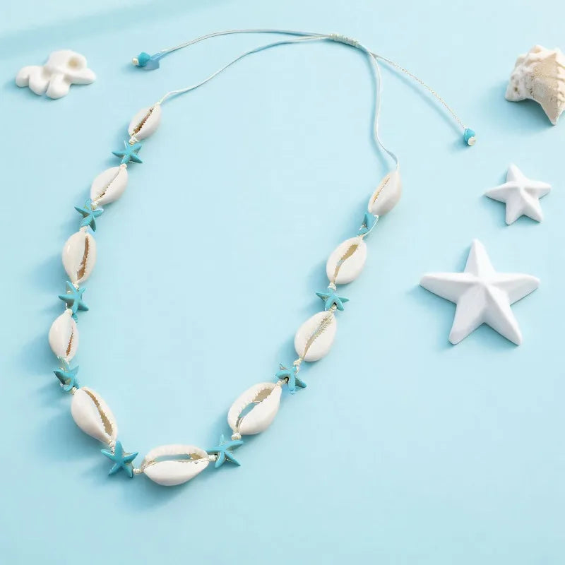 Bohemian Shell & Turquoise Choker – Handwoven Starfish Necklace for Summer Beach Style