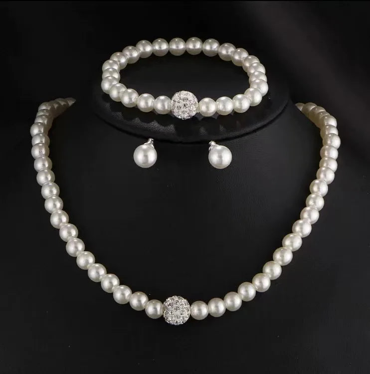 3-Piece Pearl Fireball Jewelry Set – Elegant Silver Necklace, Bracelet & Stud Earrings for Brides