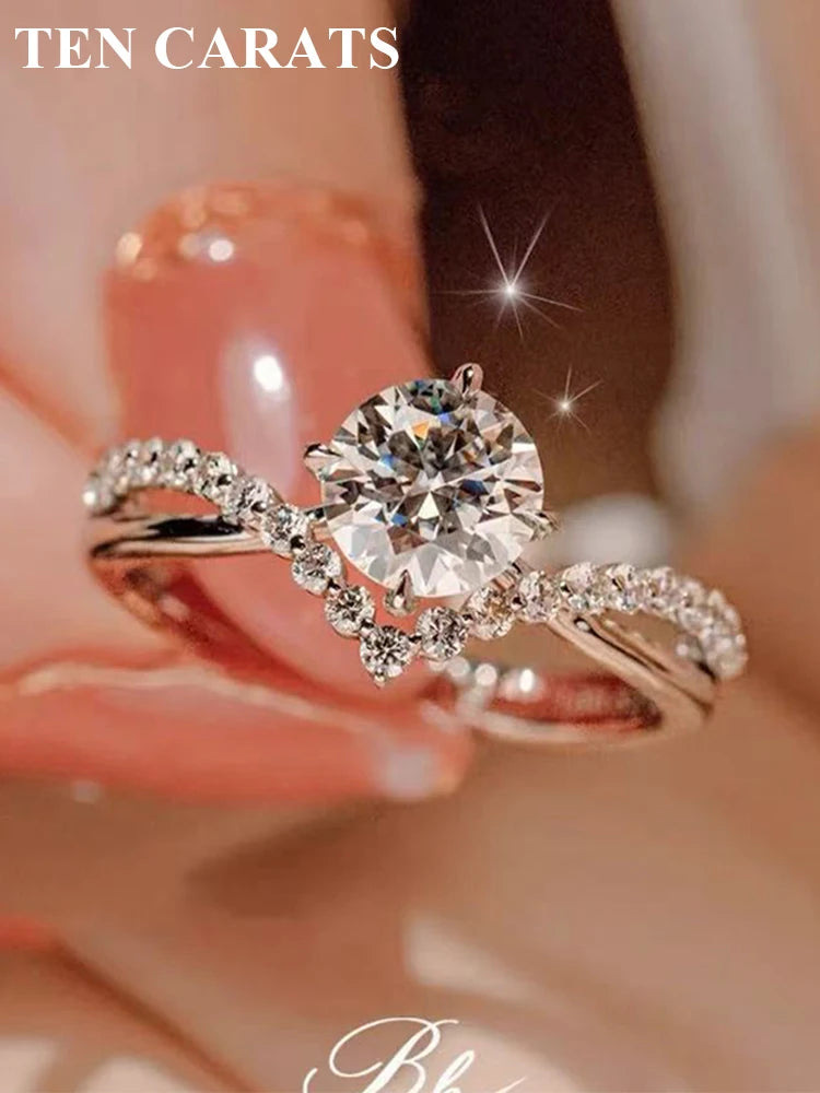 TEN CARATS Moissanite Ring – S925 Silver, 18K White Gold, Round VVS 0.5–2 ct Wedding Luxury Jewelry