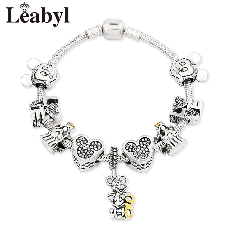 Disney Pink Crystal Charm Bracelet – Colorful Handmade Enamel Beads for Women