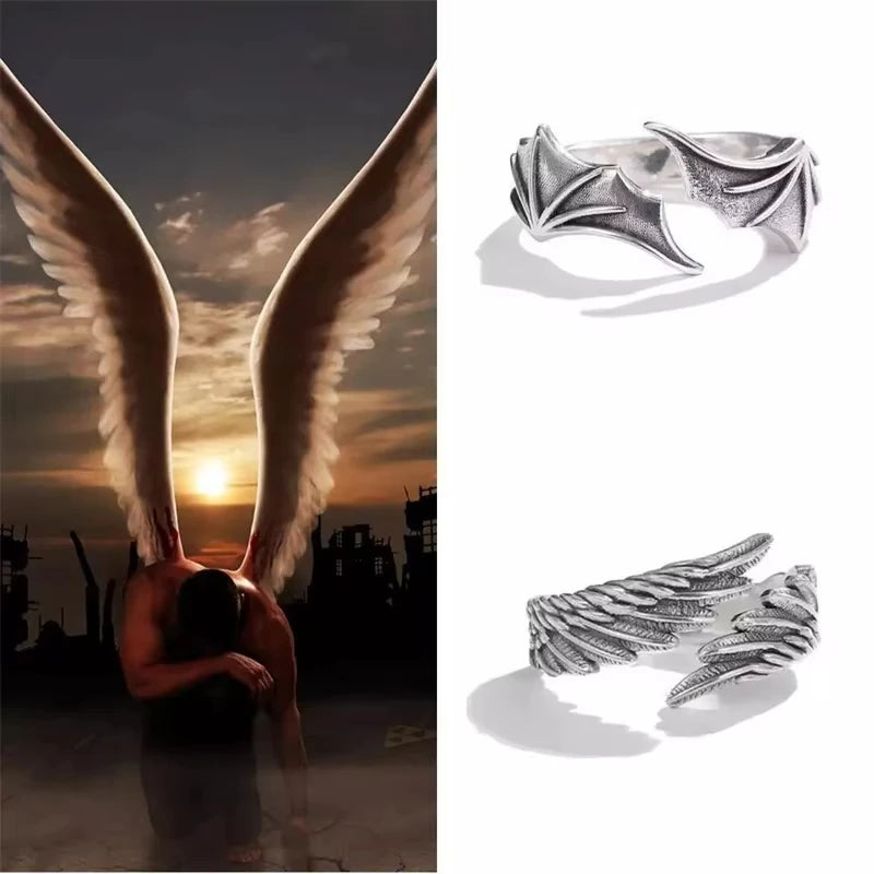 FTCY Angel & Devil Wing Rings – 2-Piece Adjustable Vintage Silver Couple Set for Men & Women