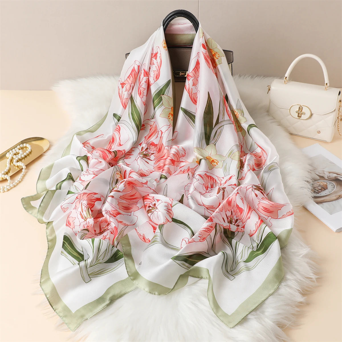 Luxury Silk Satin Scarf –  Large Wrap for Women, Elegant Beach & Hijab Style