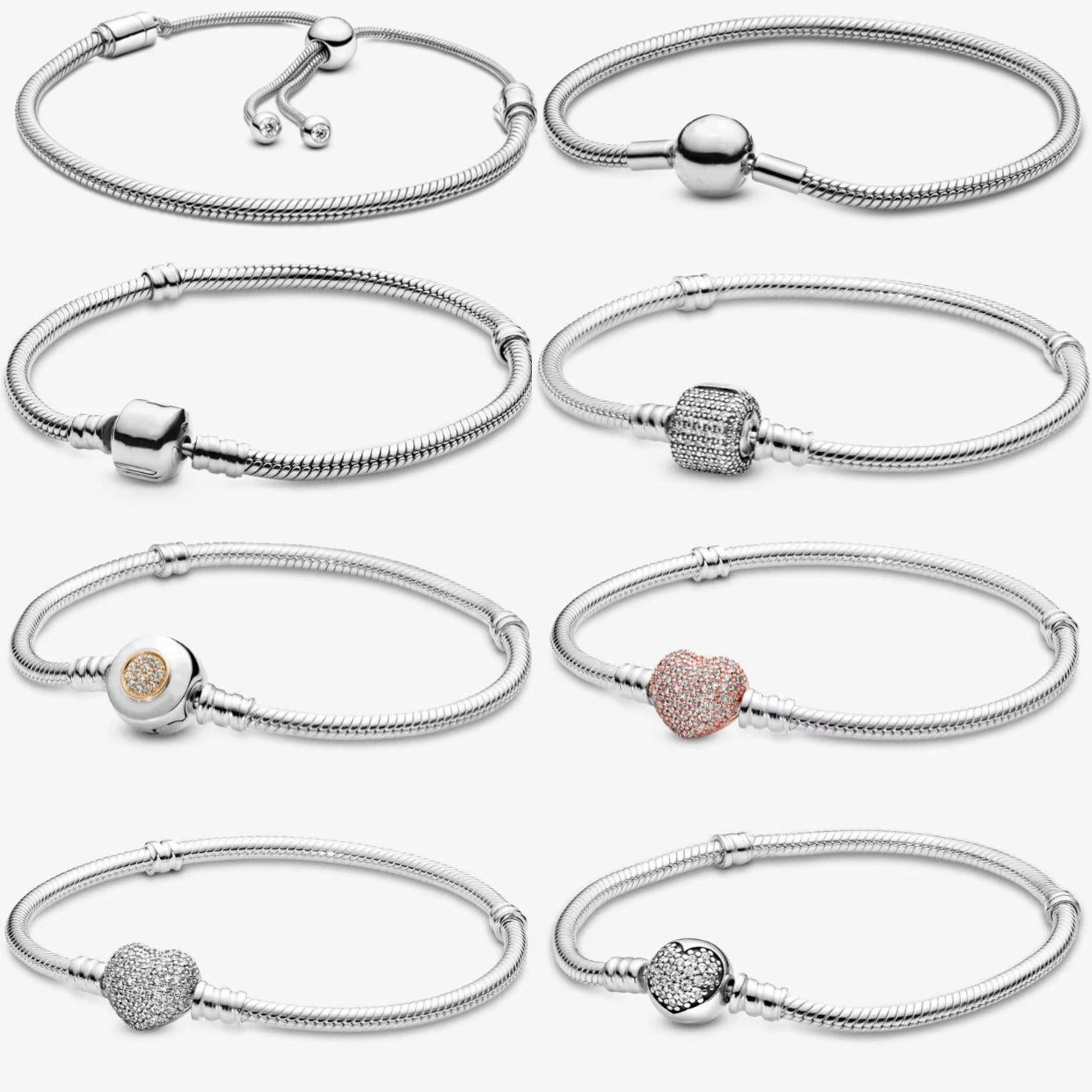 925 Sterling Silver Snake Chain Bracelet – Heart, Square or Round Clasp Charming Design for Women