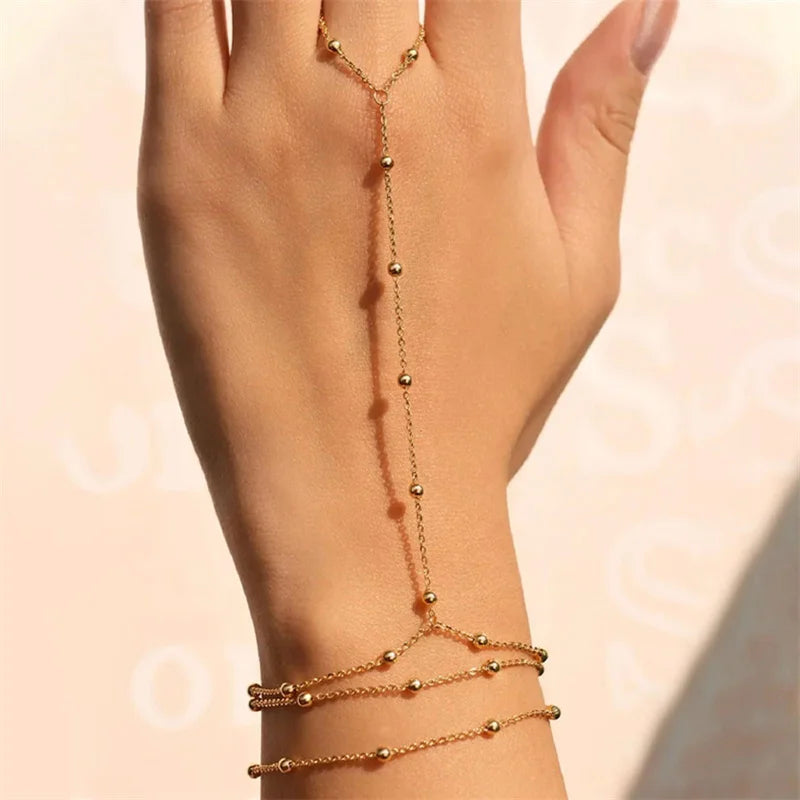 Minimalist Chain Hand Bracelet – Delicate Finger-Connected Design with Vintage Bead Details