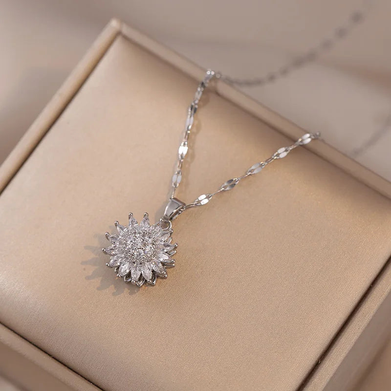 316L Stainless Steel Zircon Flower Necklace – Trendy Luxury Clavicle Pendant for Women & Girls