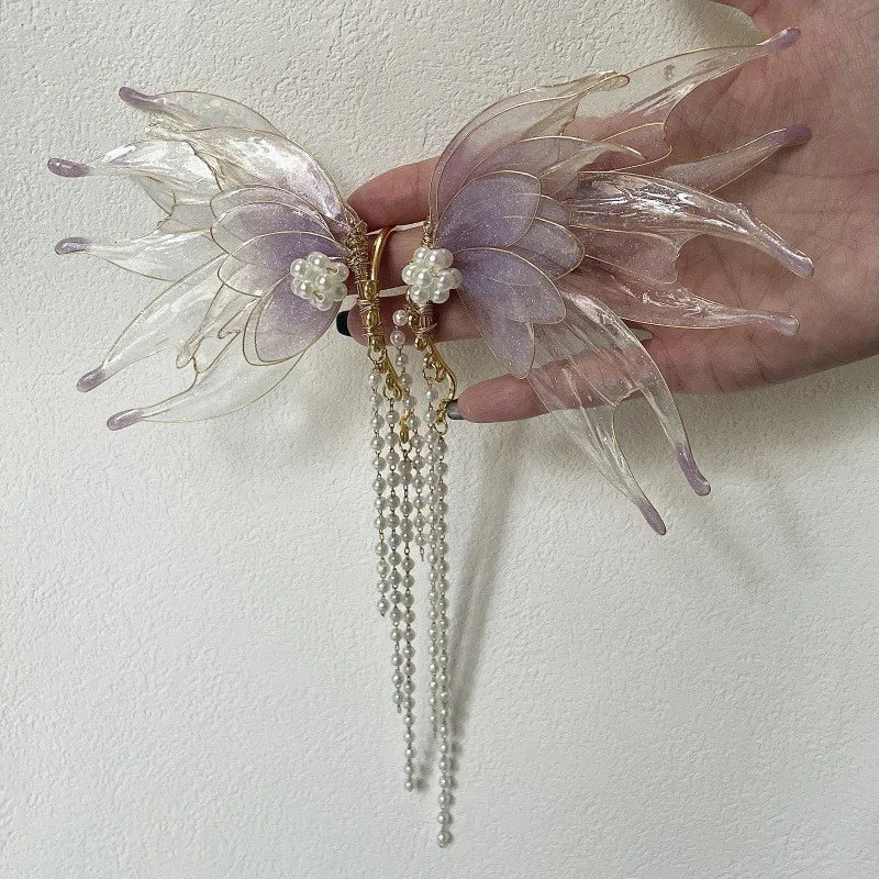 Butterfly & Mermaid Pearl Tassel Ear Cuffs – Elegant Non-Piercing Fairy-Style Earrings
