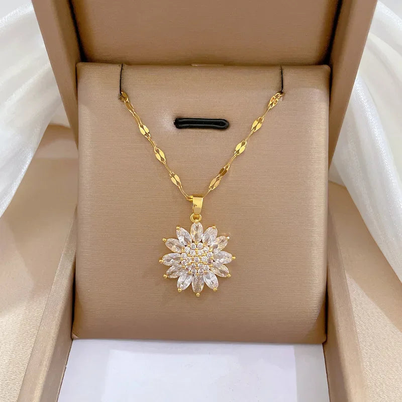 316L Stainless Steel Zircon Flower Necklace – Trendy Luxury Clavicle Pendant for Women & Girls