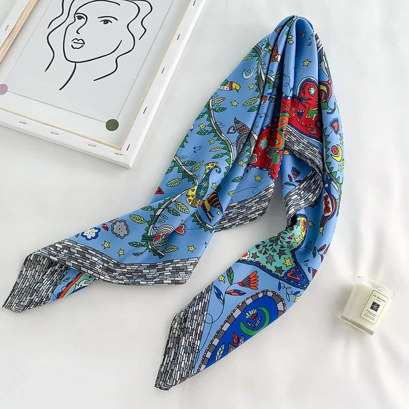 Silk Feel Scarf – Twill Square Wrap with Luxury Tree Print for Hair, Neck & Hijab