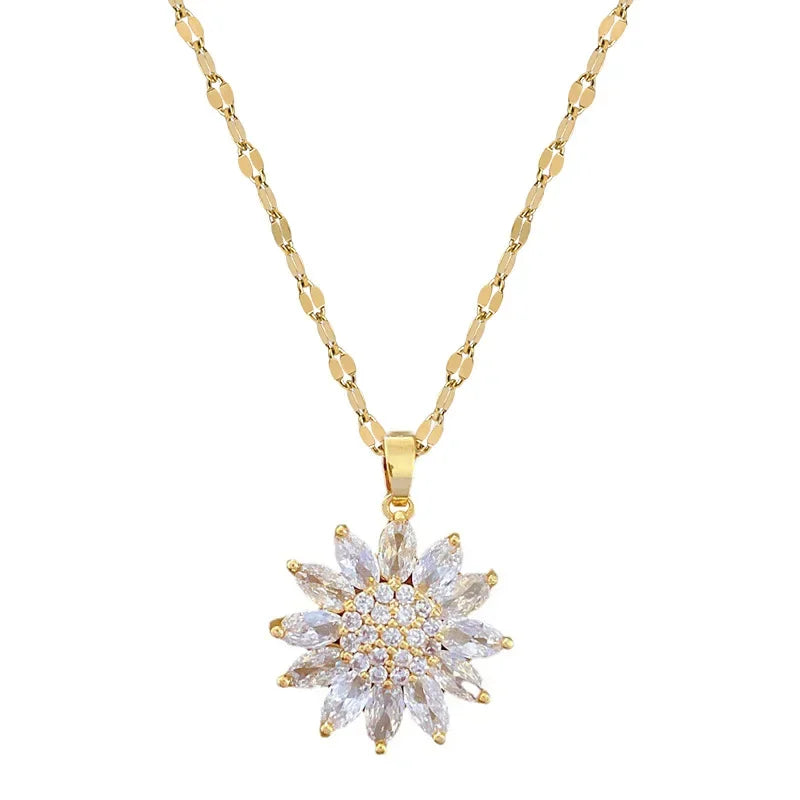 316L Stainless Steel Zircon Flower Necklace – Trendy Luxury Clavicle Pendant for Women & Girls