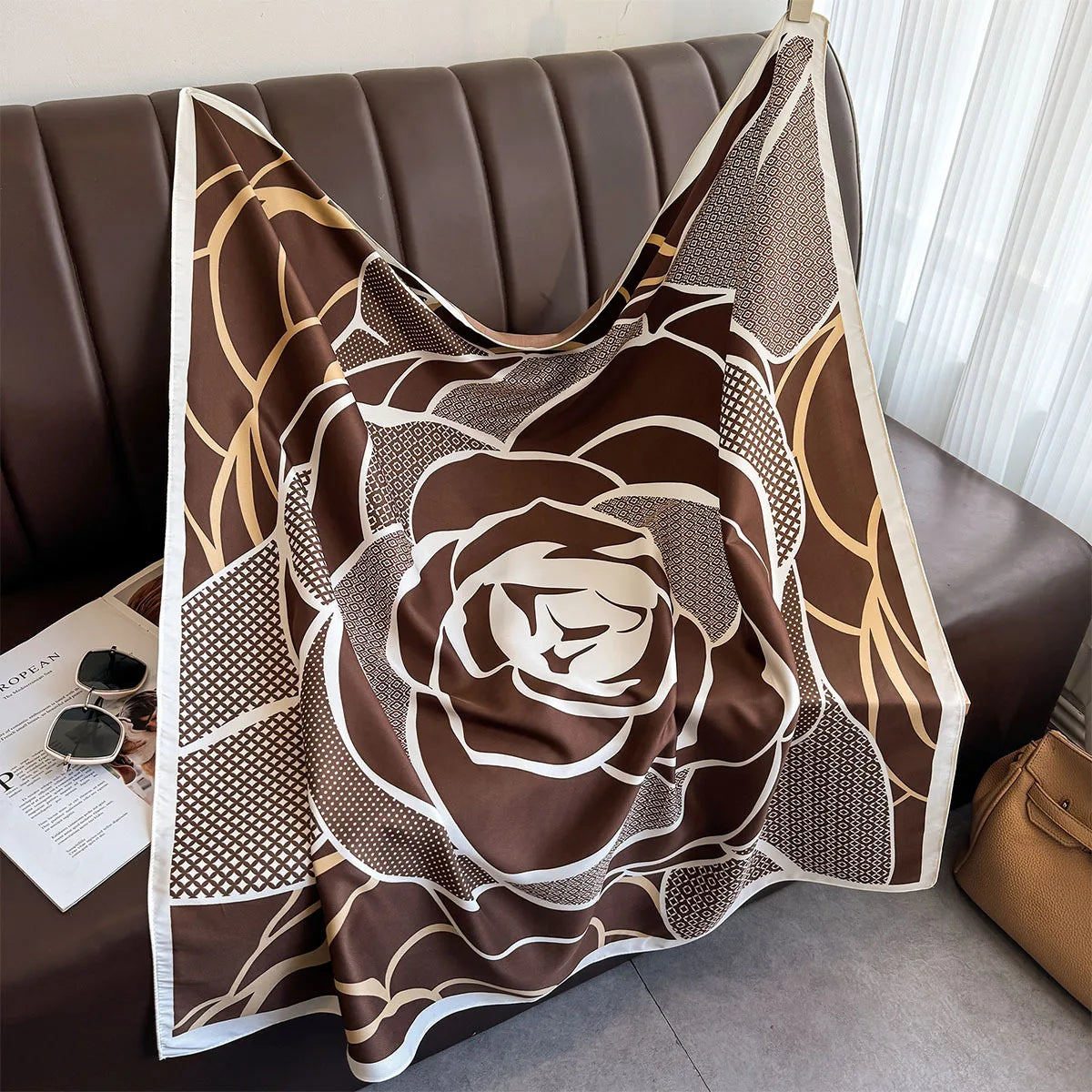 Silk Feel Scarf – Twill Square Wrap with Luxury Tree Print for Hair, Neck & Hijab