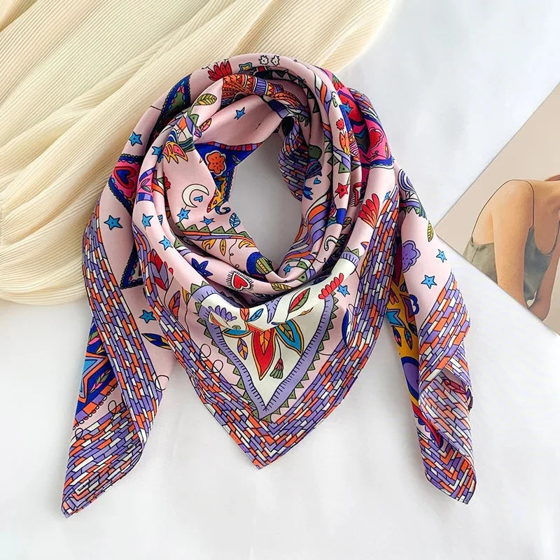 Silk Feel Scarf – Twill Square Wrap with Luxury Tree Print for Hair, Neck & Hijab