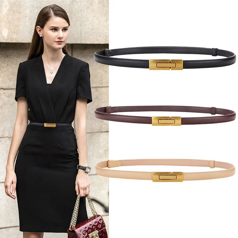 Skinny Genuine Leather Belt – Slim Adjustable Dress Waist Belt with Alloy Buckle
