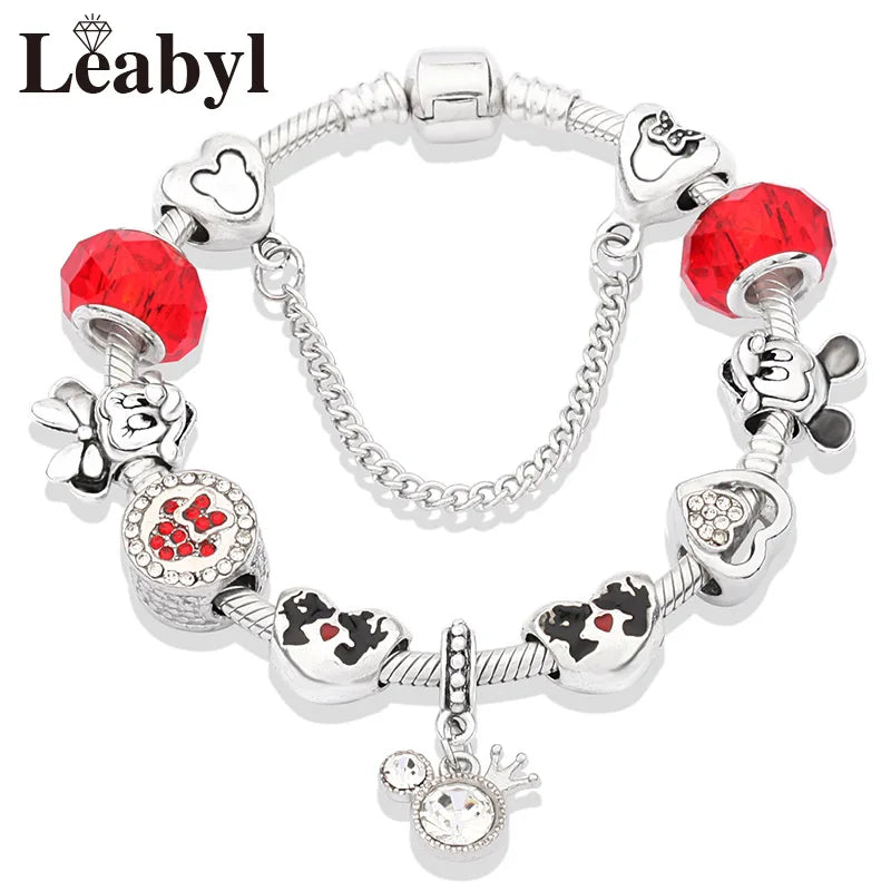 Disney Pink Crystal Charm Bracelet – Colorful Handmade Enamel Beads for Women
