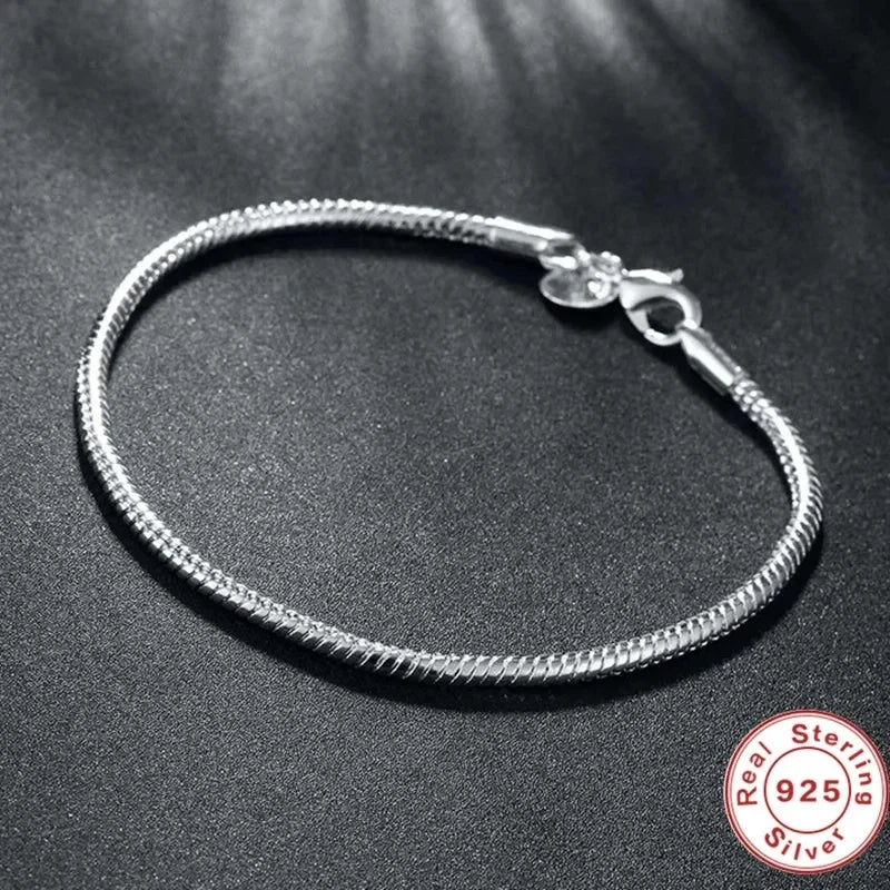 Handmade 925 Sterling Silver Charm Bracelet – Smooth Snake Chain for Women