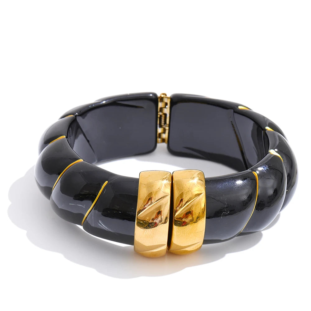 Yhpup Multi-Color Resin Statement Bracelet – Wide Acrylic Bangle with Stainless Steel Accents