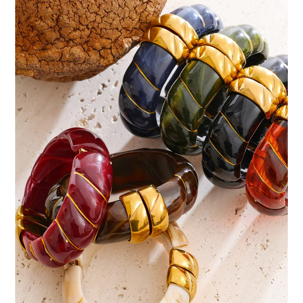 Yhpup Multi-Color Resin Statement Bracelet – Wide Acrylic Bangle with Stainless Steel Accents