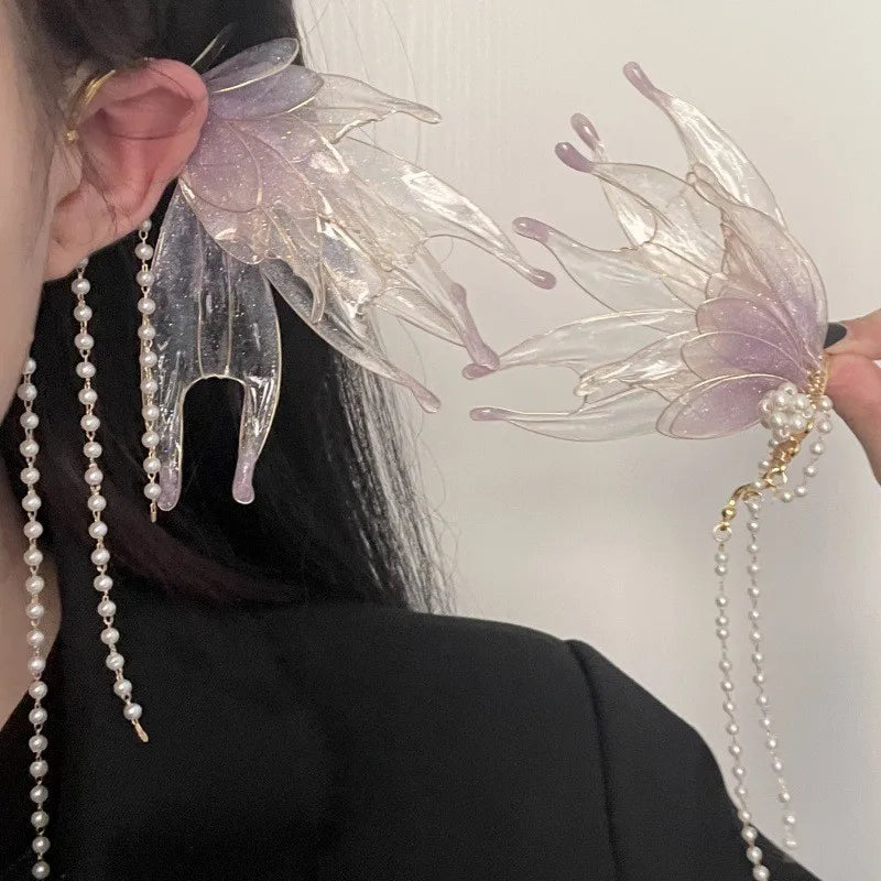 Butterfly & Mermaid Pearl Tassel Ear Cuffs – Elegant Non-Piercing Fairy-Style Earrings