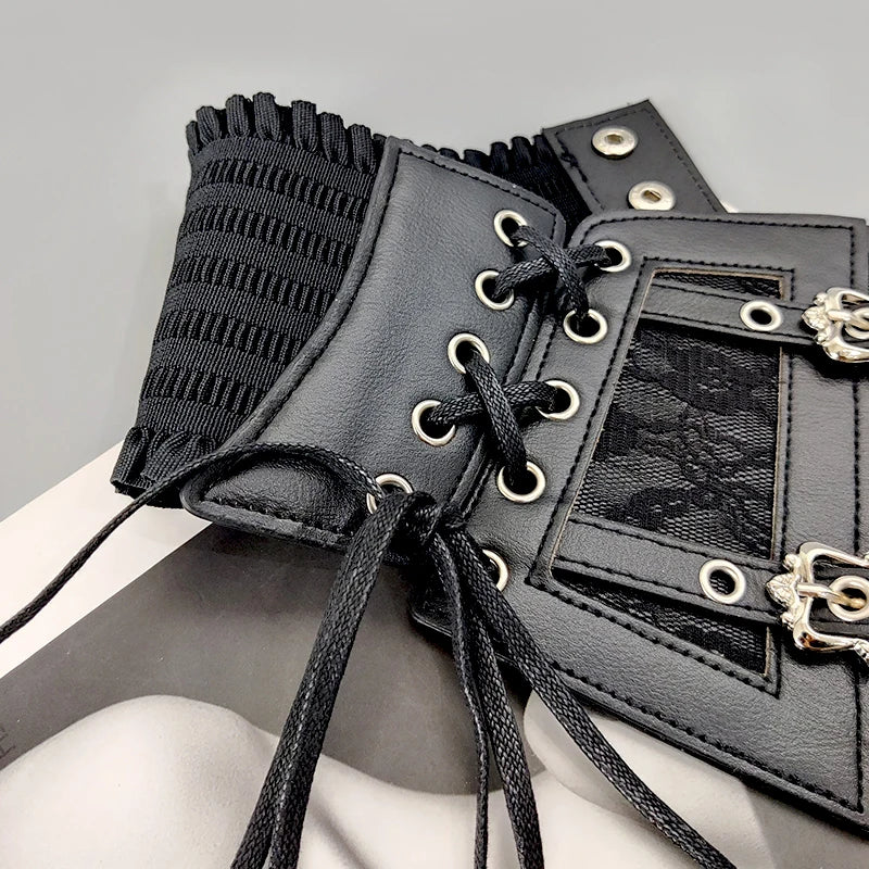 Plus Size Lace Corset Belt – Wide Stretch Gothic Cummerbund for Dresses in Brown or White