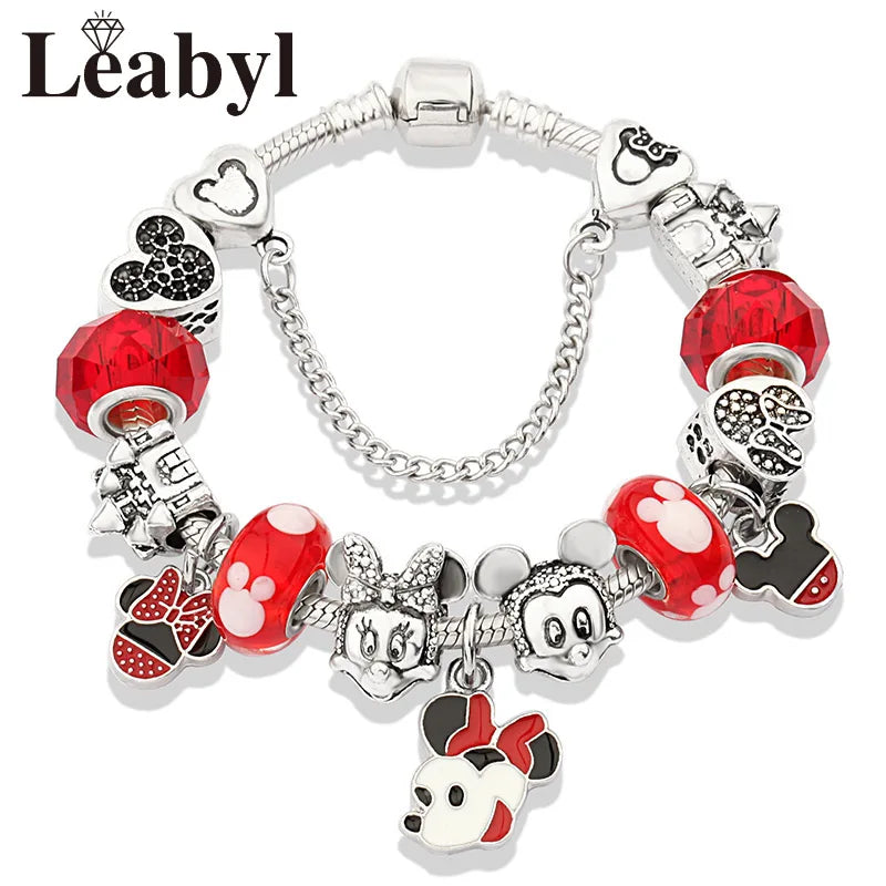 Disney Pink Crystal Charm Bracelet – Colorful Handmade Enamel Beads for Women